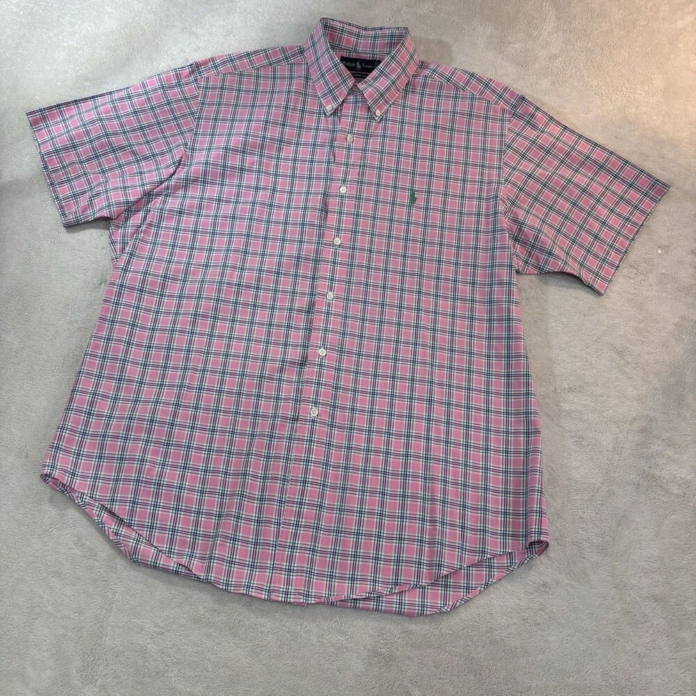 RALPH LAUREN Men’s L Pink Classic Fit Short Sleeve Button Down Shirt Money Logo